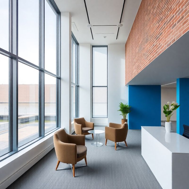 Interieur van een modern advieskantoor in Rotterdam met witte wanden, azuurblauwe accenten en Delfts licht door hoge ramen