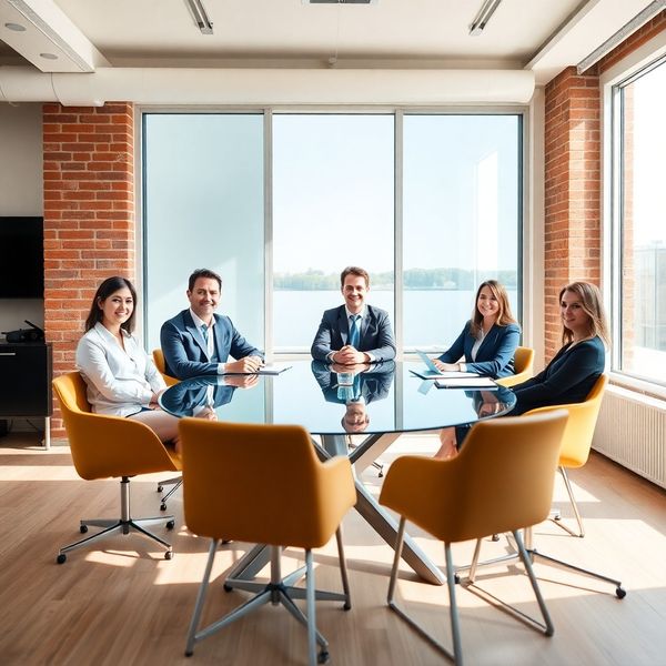 Vijf adviseurs in zakelijk tenue rond een glazen vergadertafel in een lichte Rotterdamse kantoorruimte